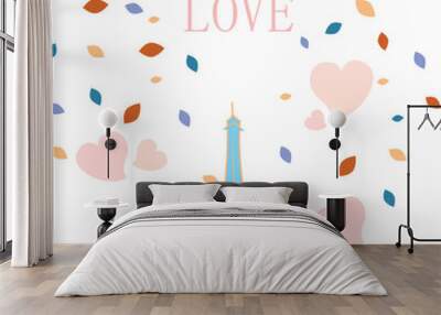 Eiffel Tower poster illustration, with autumn leaves and words of love Wall mural