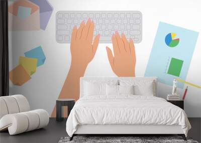 Woman hands on keyboard, workspace with blank, diagram, flat illustration, postal envelopes, pencils, stickery Wall mural