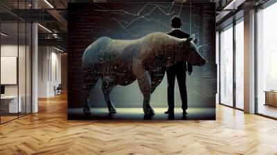 Bull in suit Business stock market with graphic diagram with Generative AI Wall mural