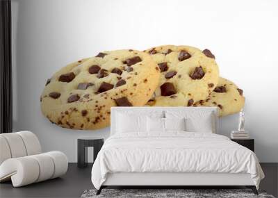 Group of bright chocolate chip cookies with chocolate and nuts on white background Wall mural