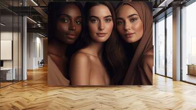 A diverse group of beautiful women with natural beauty and glowing smooth skin. Portrait of many attractive female fashion models with great skincare of all races, tones and style. Wall mural