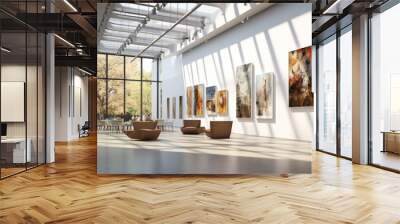 An art gallery with beautiful paintings displayed on minimalist white walls. Wall mural