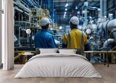 Back view on two engineers standing on a platform, using laptop computer at an electronics factory. Machines are undergoing maintenance, specialists monitoring the progress through online software. Wall mural