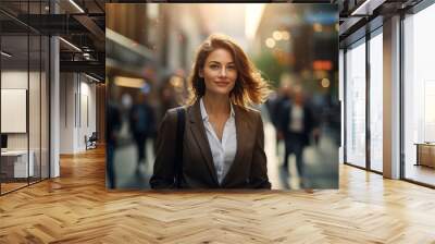 Beautiful entrepreneur businesswoman standing on the sidewalk in a city street. 30 year old business woman. Wall mural