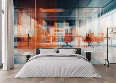 Blurred background of a modern office interior in gray tones with panoramic windows, glass partitions and orange color accents. Empty open space office. Abstract light bokeh at office interior. Wall mural