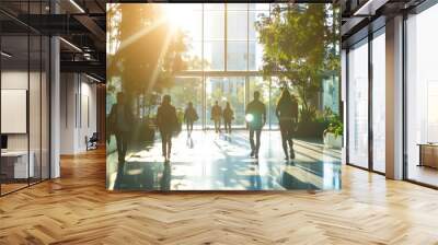 Blurred background of people walking in a modern office building with green trees and sunlight, eco friendly and ecological responsible business concept image with copy space. Wall mural