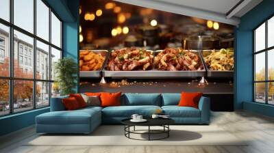 Catering buffet food indoor in restaurant with meat colorful fruits and vegetables. Wall mural