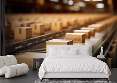 Closeup of multiple cardboard box packages seamlessly moving along a conveyor belt in a warehouse fulfillment center, a snapshot of e-commerce, delivery, automation and products. Wall mural