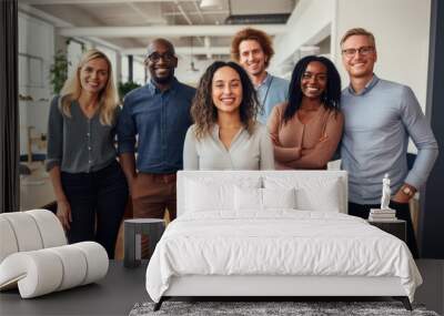 Diverse creative team looking happy. Diverse working culture group of persons is in their startup office wearing informal clothes people are smiling most persons are standing. Wall mural