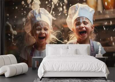 Happy family funny kids bake cookies in kitchen. Creative and happy childhood concept. Wall mural