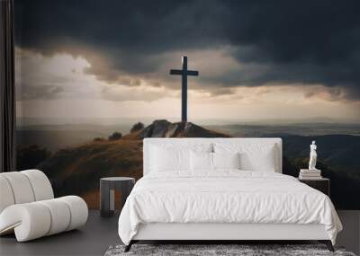 Holy cross symbolizing the death and resurrection of Jesus Christ with the sky over Golgotha Hill is shrouded in light and clouds. Apocalypse concept. Wall mural