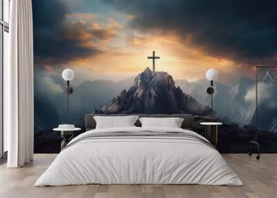 Holy cross symbolizing the death and resurrection of Jesus Christ with the sky over Golgotha Hill is shrouded in light and clouds. Apocalypse concept. Wall mural