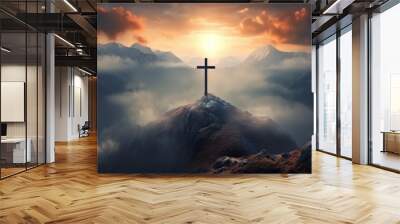 Holy cross symbolizing the death and resurrection of Jesus Christ with the sky over Golgotha Hill is shrouded in light and clouds. Apocalypse concept. Wall mural