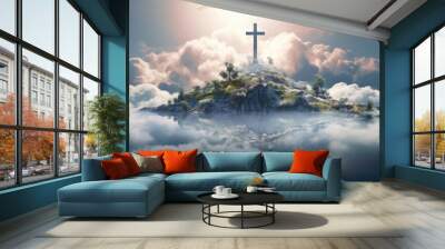 Holy cross symbolizing the death and resurrection of Jesus Christ with the sky over Golgotha Hill is shrouded in light and clouds. Apocalypse concept. Wall mural