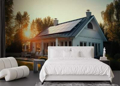 House with solar panels on the roof. Sustainable and clean energy at home. Wall mural