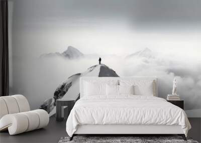 Panorama of Mountaineer standing on top of snowy mountain range Wall mural