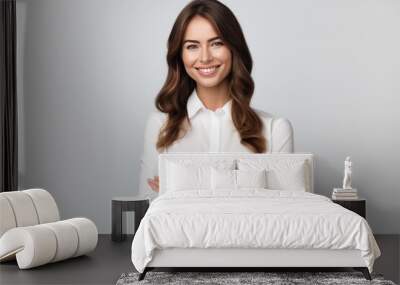 Portrait of young happy woman looks in camera. Skin care beauty, skincare cosmetics, dental concept isolated over white background. Wall mural