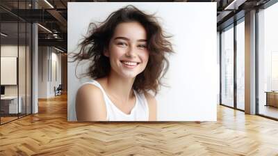 Portrait of young happy woman looks in camera. Skin care beauty, skincare cosmetics, dental concept isolated over white background. Wall mural