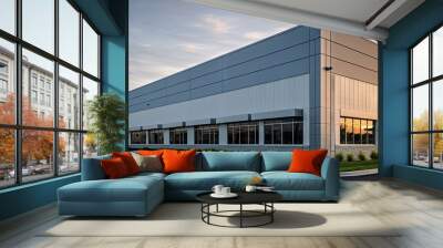 Realistic render of large logistic business transport warehouse dock station. Factory and transport house. Commercial office building.	 Wall mural