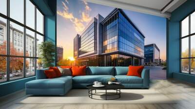 Sunset reflections on modern office building facade. Business center under evening sky. Dusk at the corporate hub. Wall mural