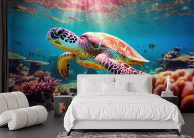 Turtle with group of colorful fish and sea animals with colorful coral underwater in ocean. Wall mural