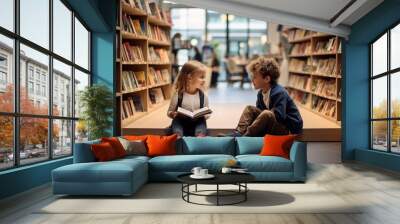 two children sitting in a bookstore, looking at shelves filled with books, and talking about the boo Wall mural