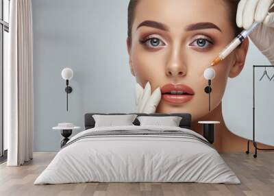 Woman gets beauty facial injections. Mature woman receiving hyaluronic acid treatment. Healthy face skin care beauty, skincare cosmetics, cosmetology concept.  Wall mural