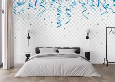 Blue confetti and ribbon, isolated on transparent background Wall mural