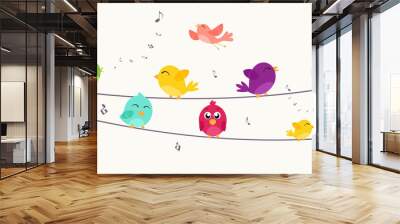 Colorful birds sitting on wire  Wall mural