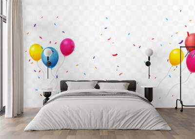 Colorful birthday balloons with confetti and ribbon Wall mural