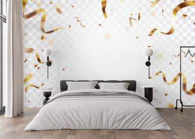 Gold confetti and ribbon, celebrations banner, isolated on transparent background Wall mural