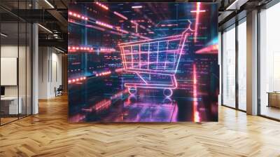 A CGI scene featuring a shopping cart icon glowing in neon colors, surrounded by floating lines of code and data streams.  Wall mural