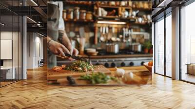 A chef preparing ingredients on a wooden cutting board in a rustic kitchen, with shelves of spices and cookware in the background.  Wall mural