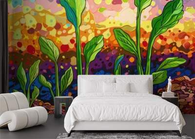 A vibrant garden scene with young green sprouts peeking out of the earth.  Wall mural