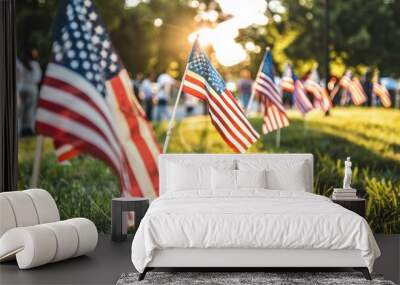 American flags being raised by volunteers at a community event honoring military service members.  Wall mural