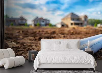 An empty lot with blueprints and construction materials, representing future potential. Wall mural