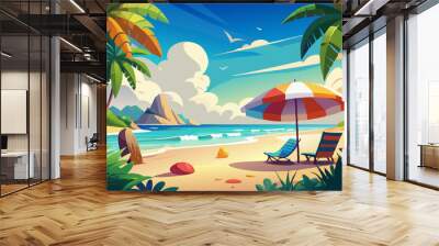 beach with palm trees and sun Wall mural