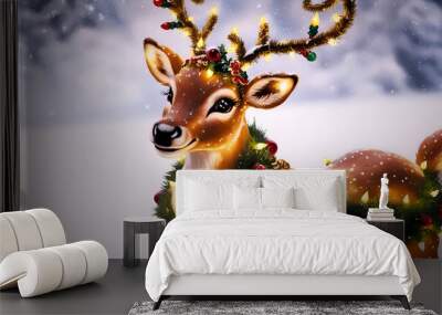  magic festive reindeer covered in glowing lights in a winter scene Wall mural