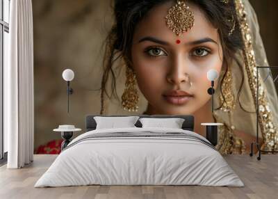 A beautiful young woman in a traditional Hindu dress and intricate jewelry, looking confidently Wall mural