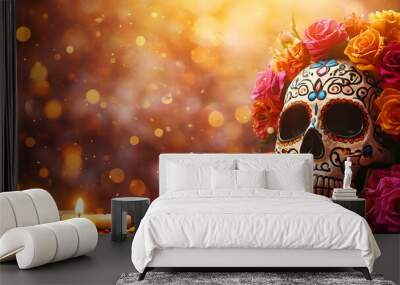 Day of the Dead background. Painted human skull  flowers and burning candles on blurred background with bokeh effect Wall mural