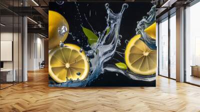 Lemon slices splashing into water Wall mural