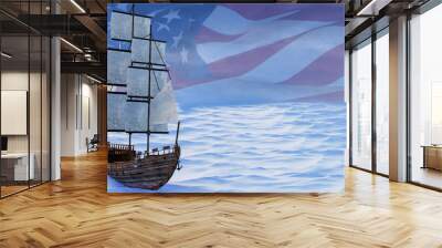 3d illustration of sailboat, american flag and space available, United States national holidays. COLUMBUS DAY. Wall mural