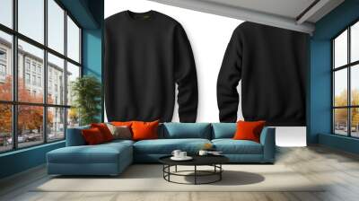 Black color crew neck blank template front and back view isolated on white background. sweatshirt  mock up Wall mural