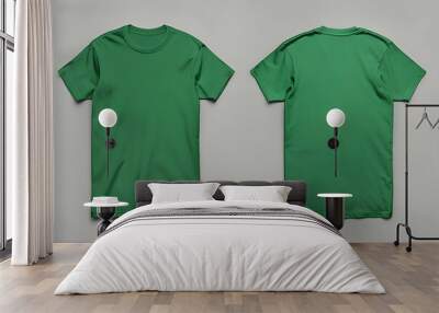 Green color T-shirt blank template front and back view isolated on gray background Wall mural