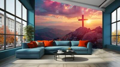 Silhouettes of crucifix symbol on top mountain with bright sunbeam on the colorful sky background, Generative AI Wall mural