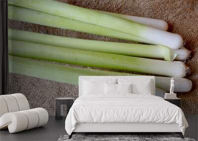 Leek. Fresh organic raw leek vegetable on a burlap background. healthy food.  Wall mural