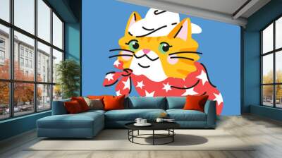 Cute cartoon orange cat with a white cowboy hat and red scarf. Hand drawn vector illustration. Cool pet character card template. Wall mural