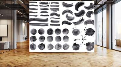 Big bundle of watercolor black brushstrokes, spots and streaks. Isolated on white background. High quality. Wall mural