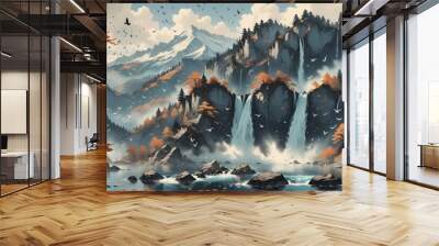 Digital illustration waterfall mountainous landscape is center i Wall mural