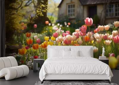 A cottage garden with a blooming colorful tulips flowers in the spring, wallpaper background Wall mural